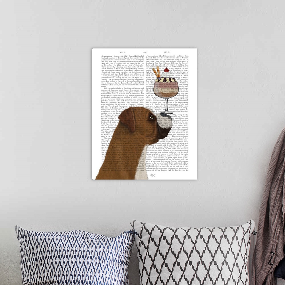 A bohemian room featuring Decorative artwork of a boxer balancing an ice cream sundae on its nose, painted on the page of a...