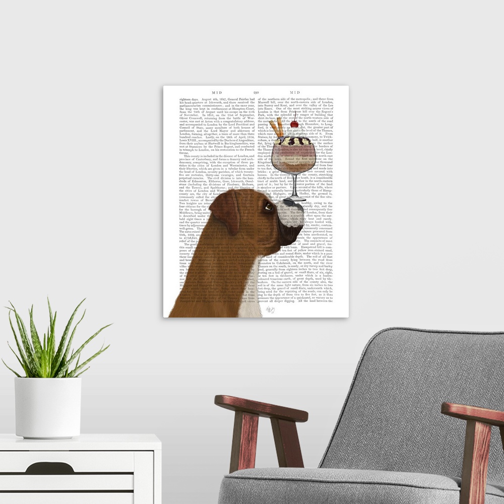 A modern room featuring Decorative artwork of a boxer balancing an ice cream sundae on its nose, painted on the page of a...