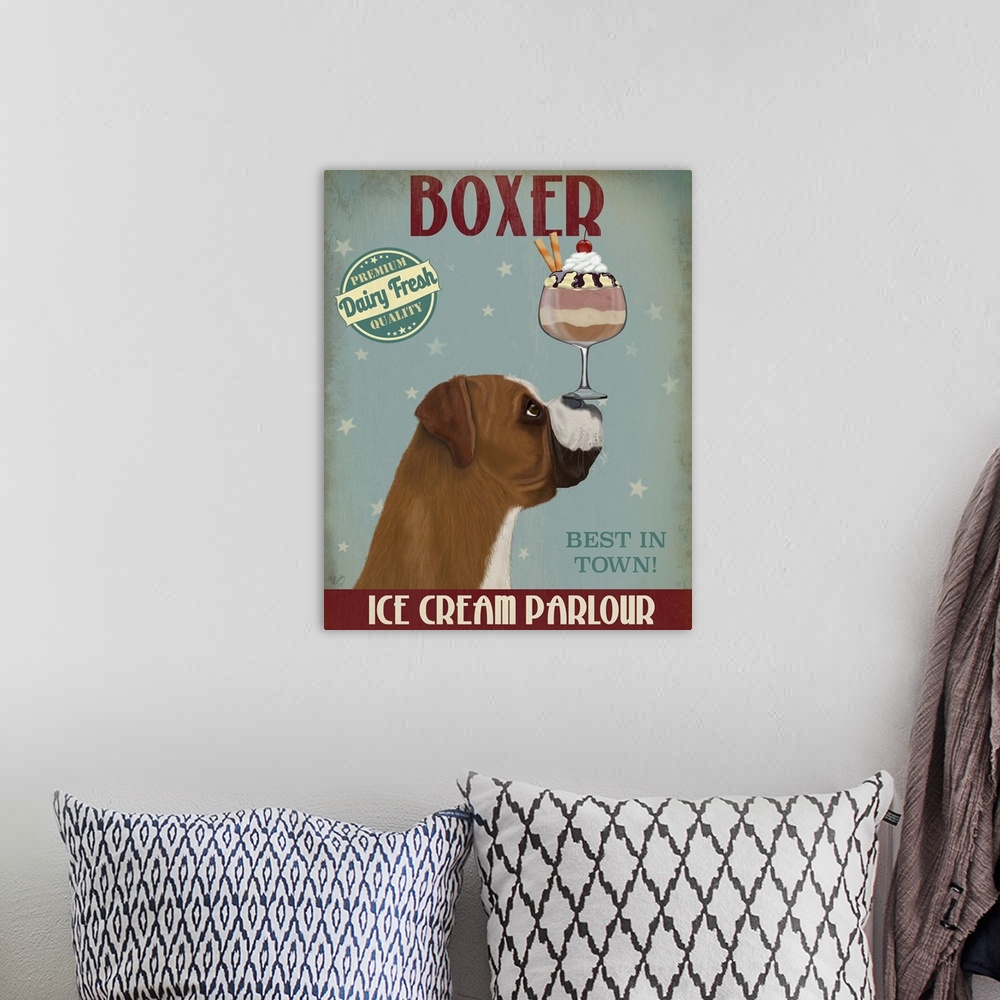 A bohemian room featuring Decorative artwork of a Boxer balancing an ice cream sundae on its nose in an advertisement for a...