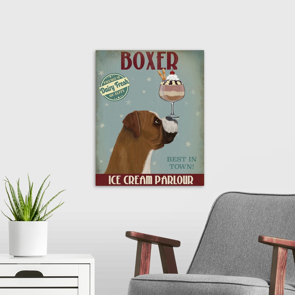 A modern room featuring Decorative artwork of a Boxer balancing an ice cream sundae on its nose in an advertisement for a...