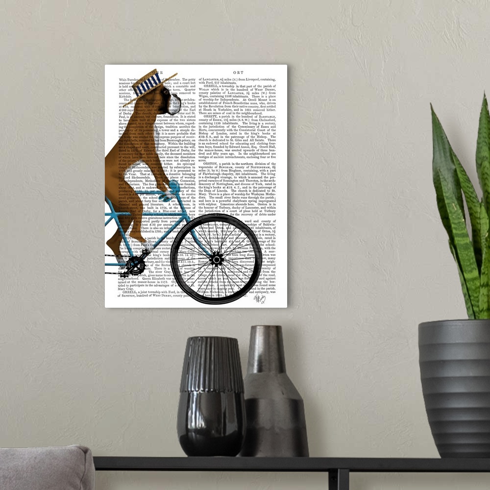 A modern room featuring Decorative artwork of a Boxer wearing a hat and riding a bicycle, painted on the page of a book.