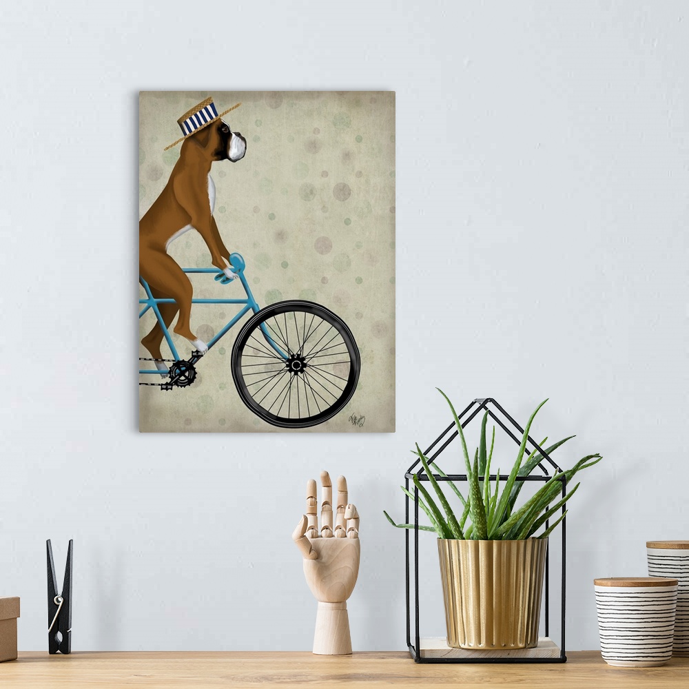 A bohemian room featuring Decorative artwork of Boxer riding on a blue bicycle and wearing a blue and white striped hat.
