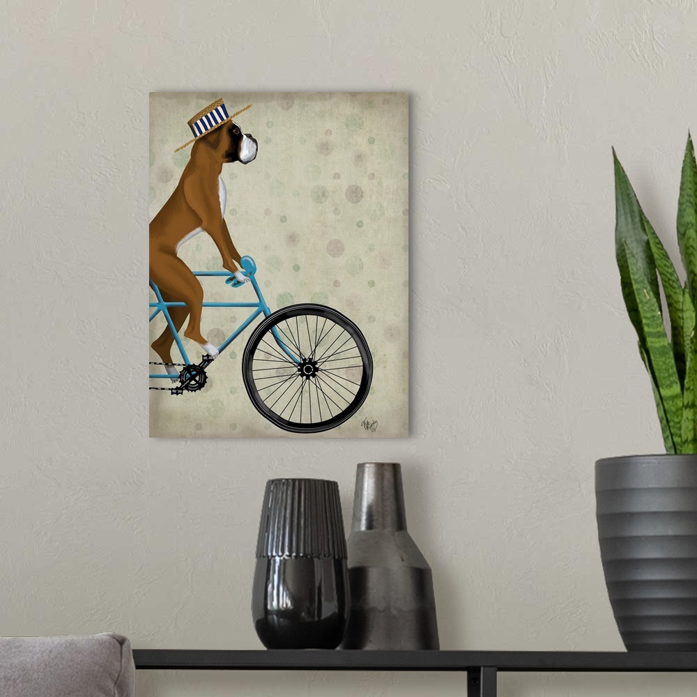 A modern room featuring Decorative artwork of Boxer riding on a blue bicycle and wearing a blue and white striped hat.