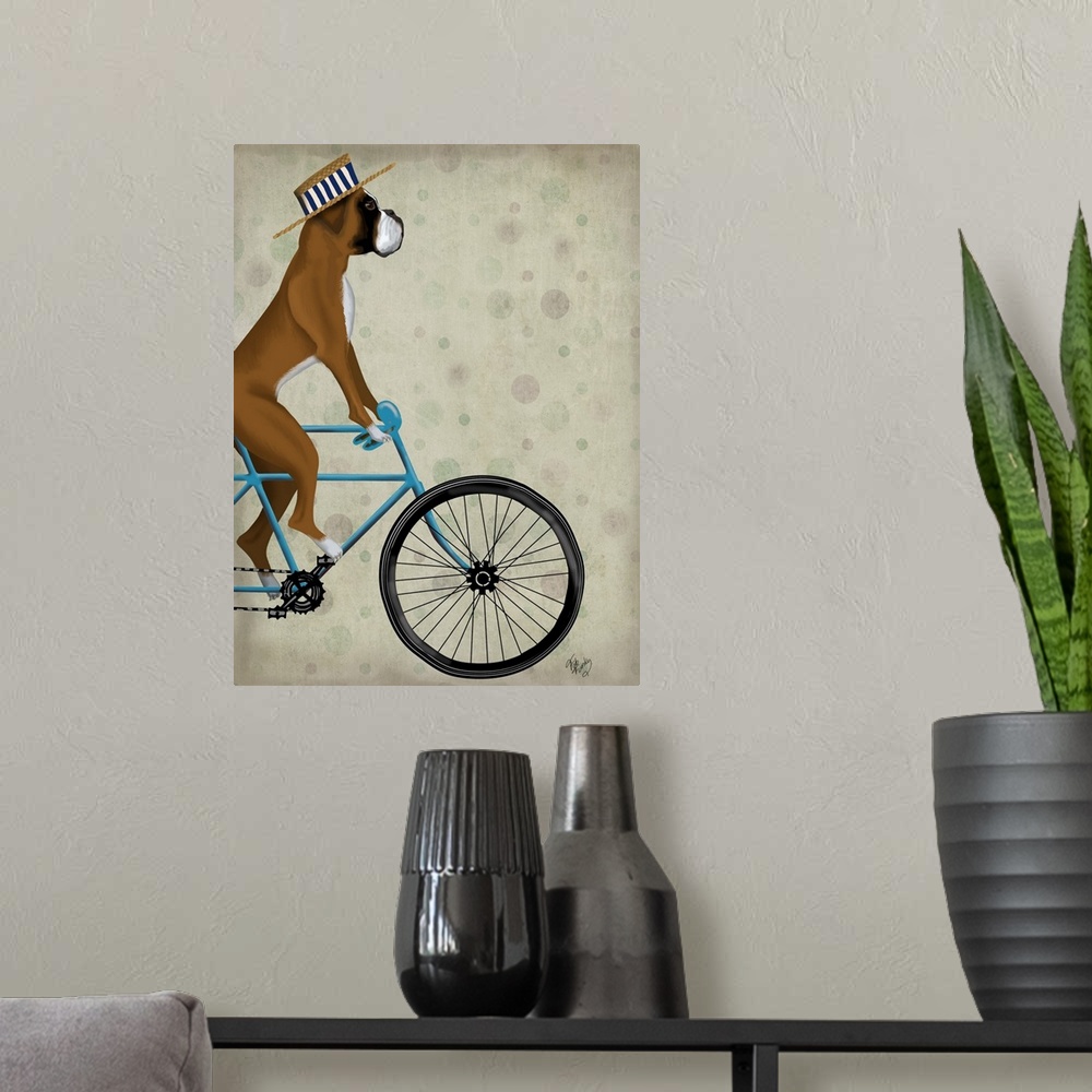 A modern room featuring Decorative artwork of Boxer riding on a blue bicycle and wearing a blue and white striped hat.