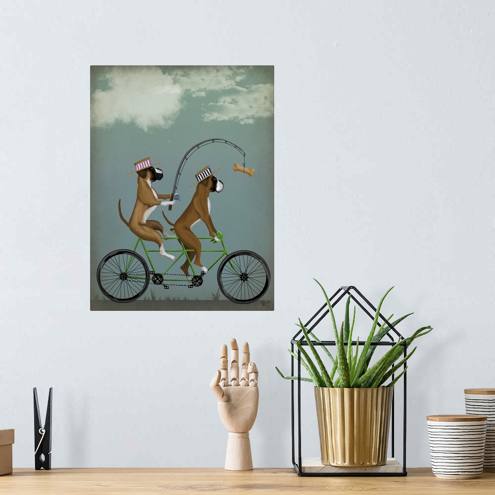 A bohemian room featuring Decorative artwork of two boxers wearing hats riding on a green tandem bicycle with the dog in th...
