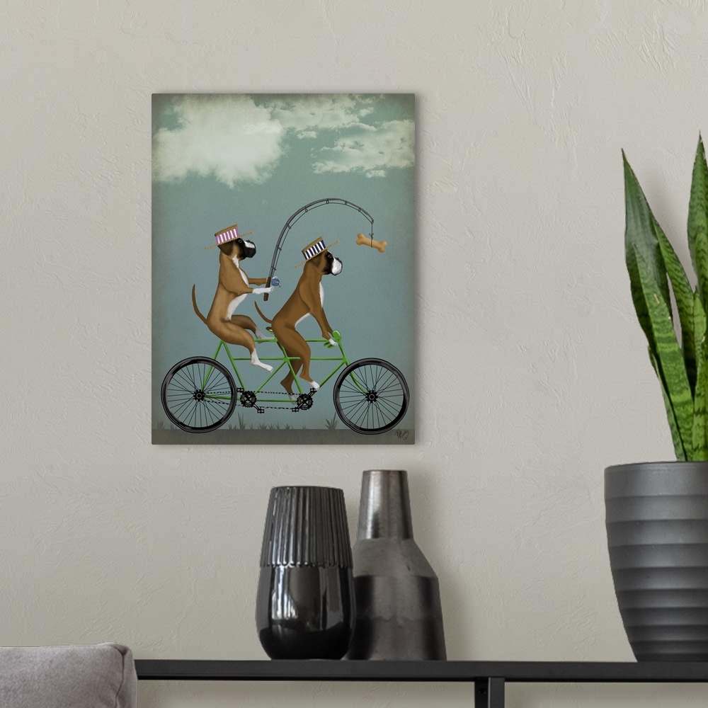 A modern room featuring Decorative artwork of two boxers wearing hats riding on a green tandem bicycle with the dog in th...