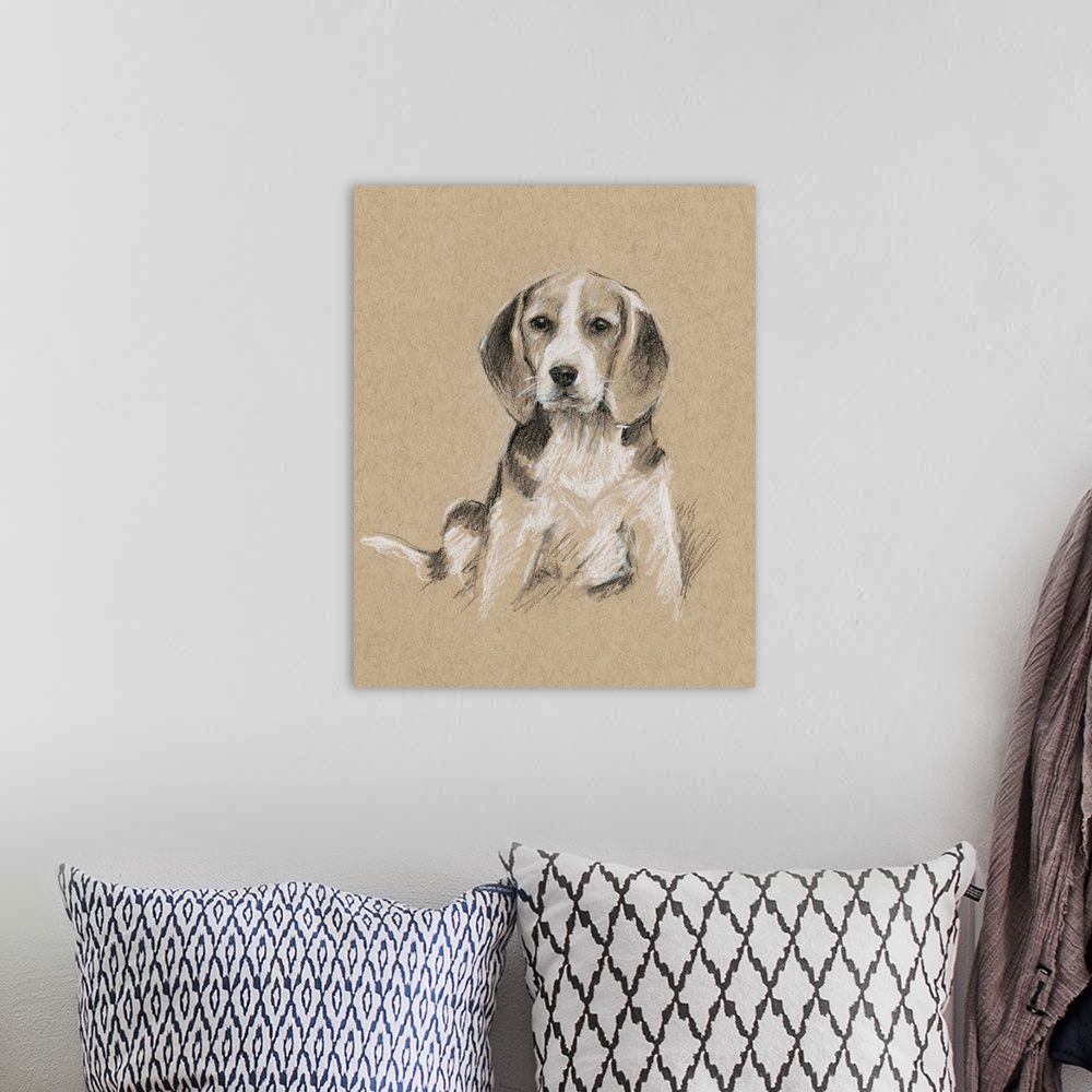 A bohemian room featuring Contemporary illustration of a dog in sepia tones.