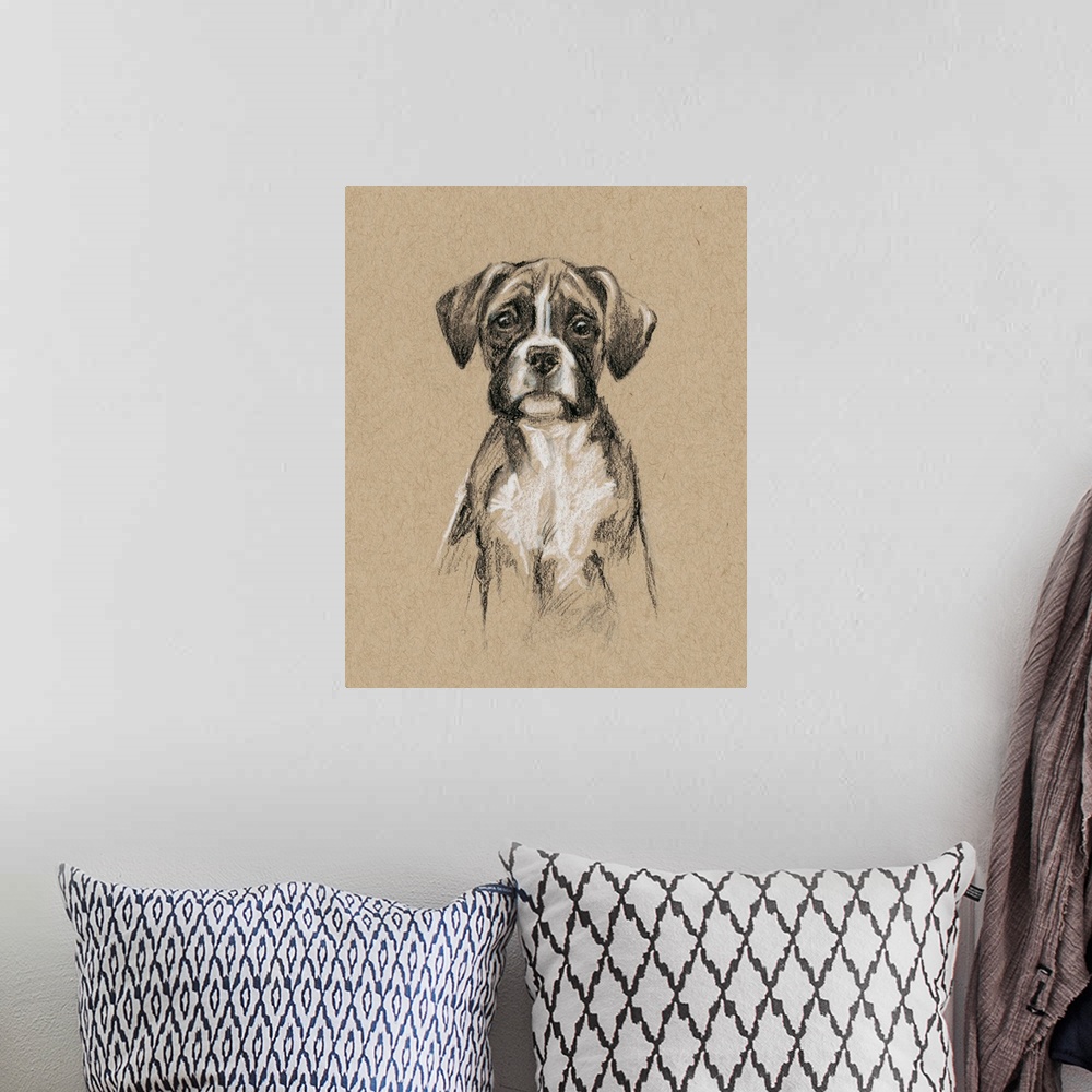 A bohemian room featuring Contemporary illustration of a dog in sepia tones.