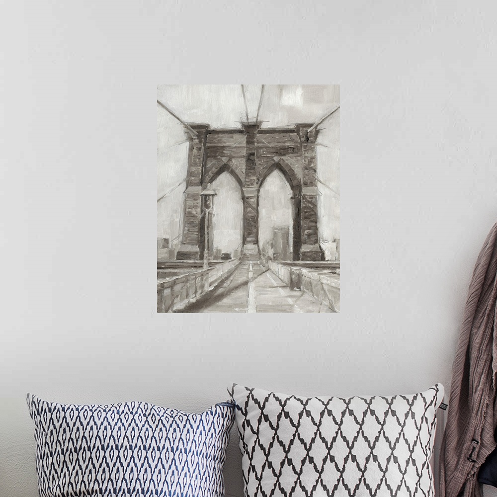 A bohemian room featuring Gray-scale contemporary painting of a bridge.