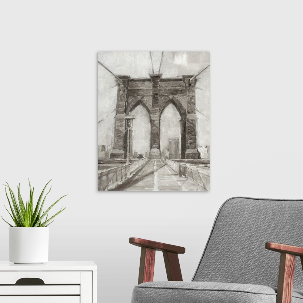 A modern room featuring Gray-scale contemporary painting of a bridge.