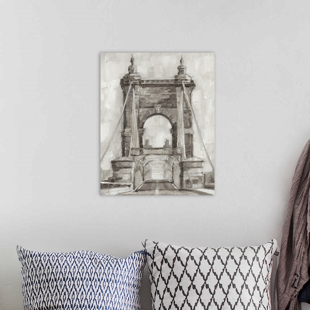 A bohemian room featuring Gray-scale contemporary painting of a bridge.