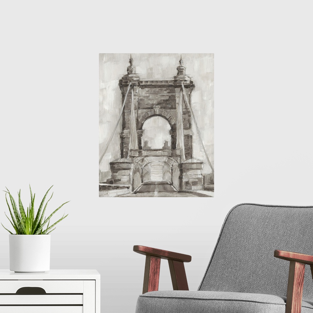 A modern room featuring Gray-scale contemporary painting of a bridge.
