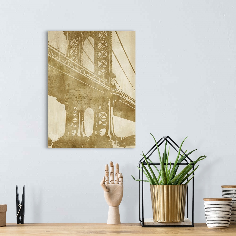 A bohemian room featuring Vertical wall art for the home or office of a latticed iron work tower on a suspension bridge ill...