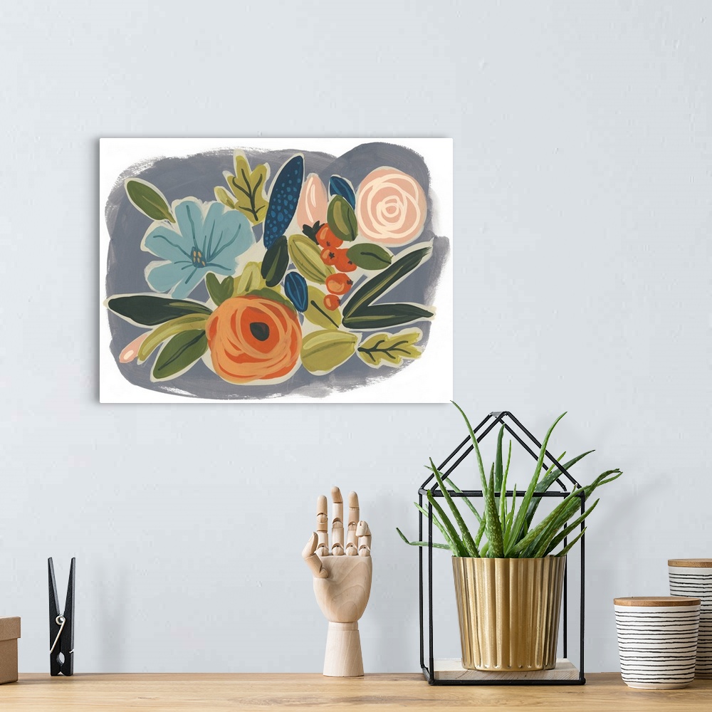 A bohemian room featuring Decorative artwork featuring whimsical brush strokes to create a flower arrangement.