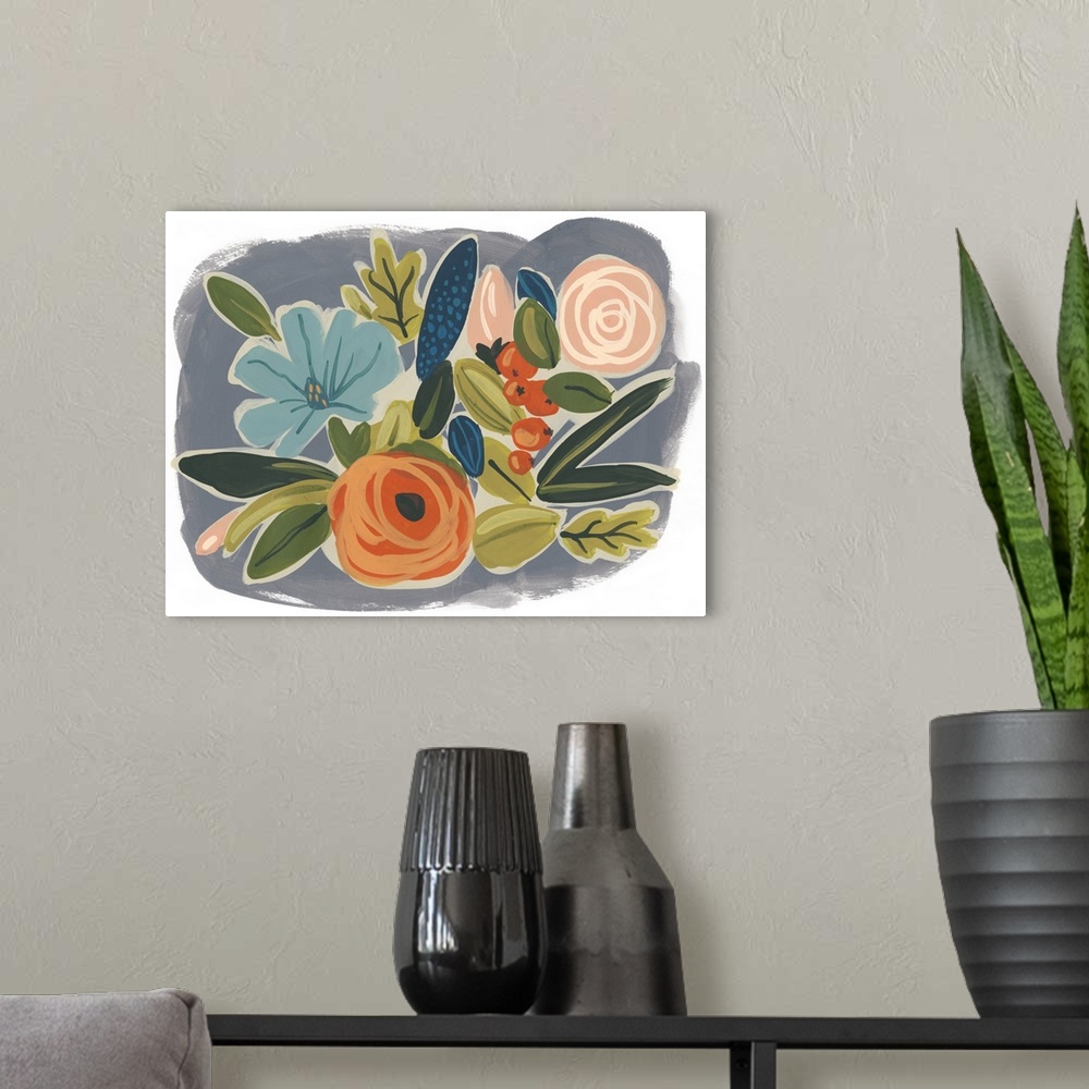 A modern room featuring Decorative artwork featuring whimsical brush strokes to create a flower arrangement.