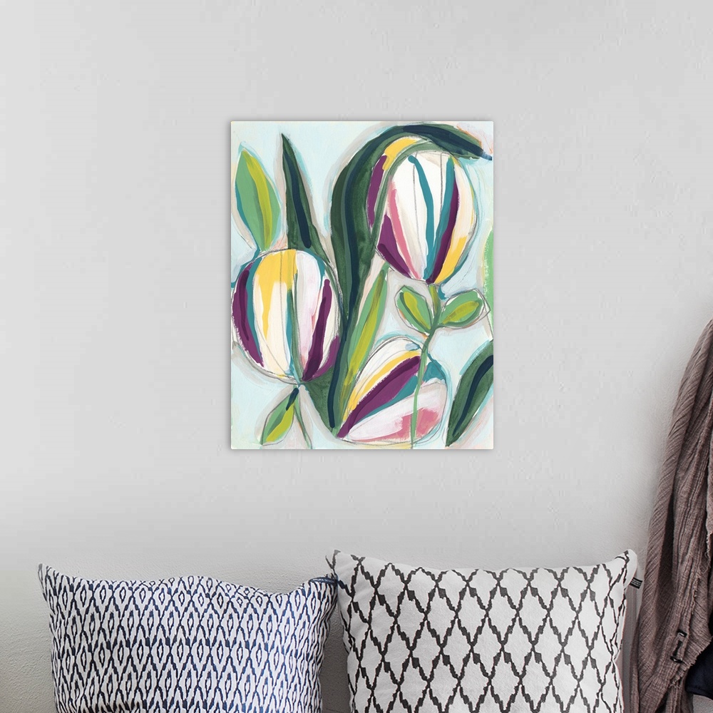A bohemian room featuring Abstracted floral painting in a variety of bright colors.
