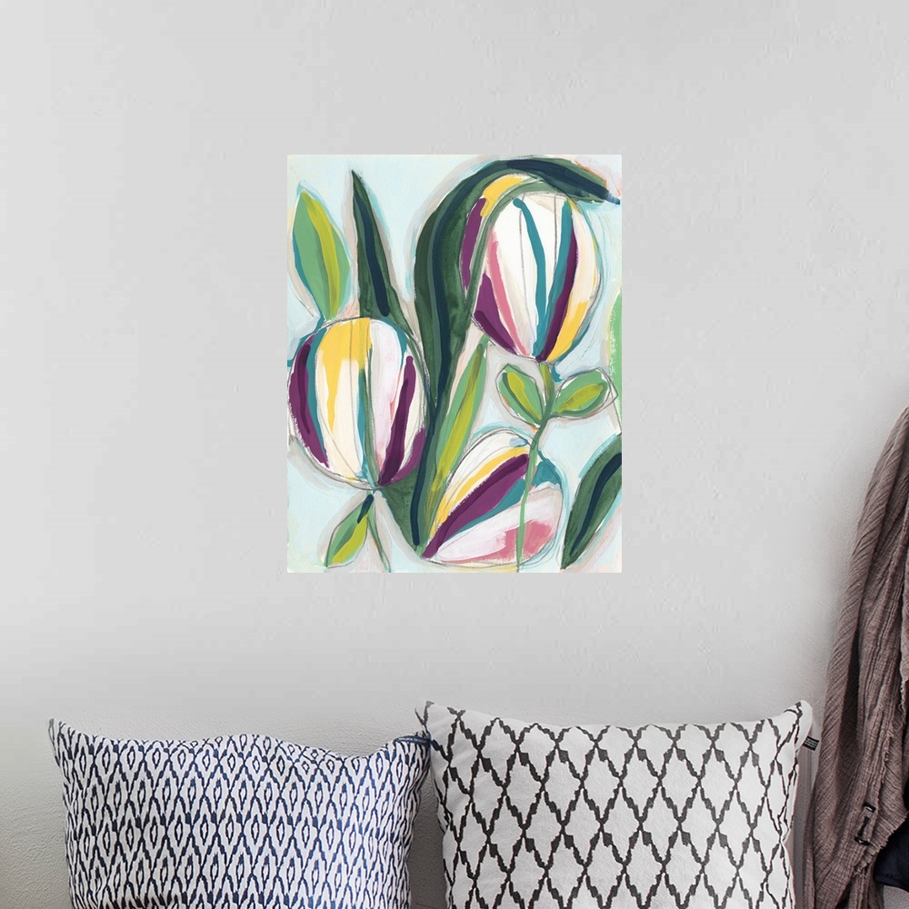 A bohemian room featuring Abstracted floral painting in a variety of bright colors.