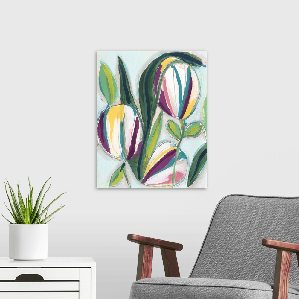 A modern room featuring Abstracted floral painting in a variety of bright colors.