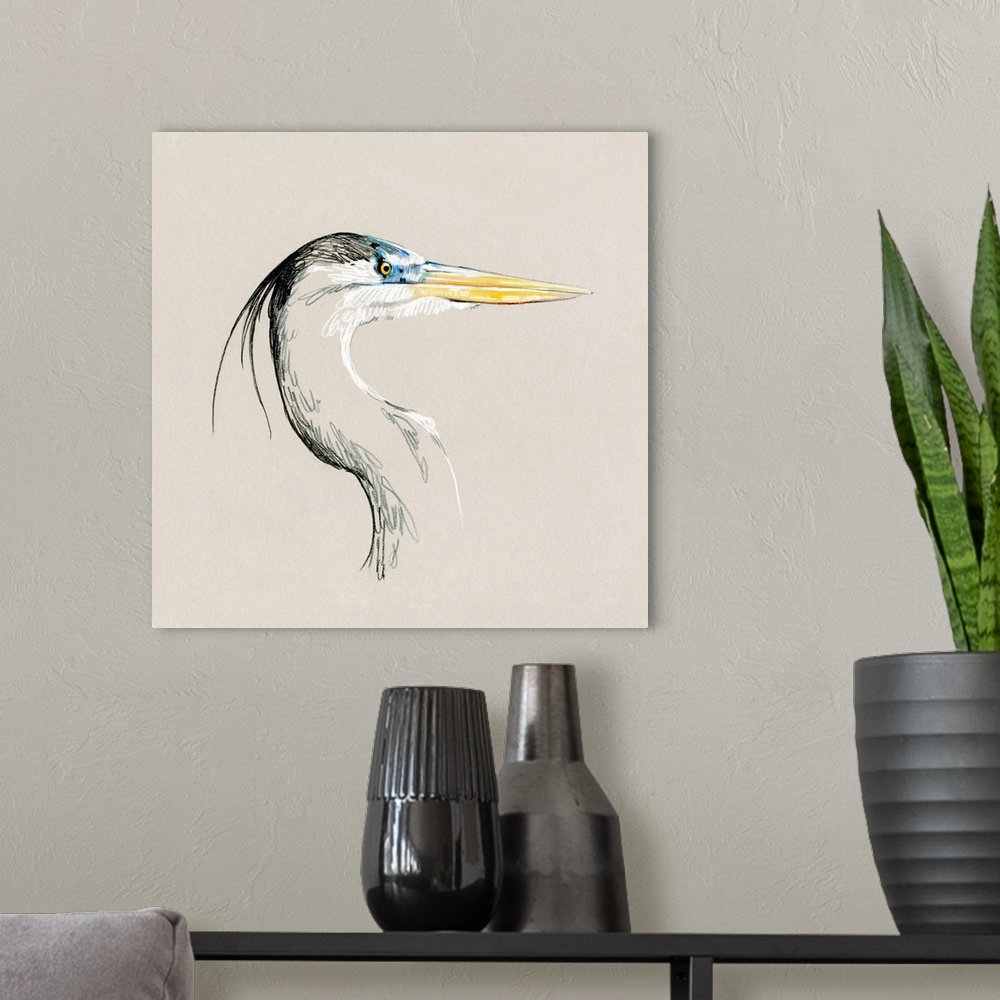 A modern room featuring Bright Heron Sketch I