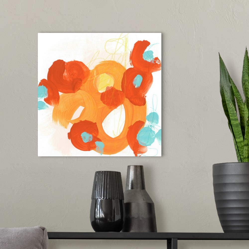 A modern room featuring Mid-century inspired abstract painting of broad orange strokes against a neutral background.