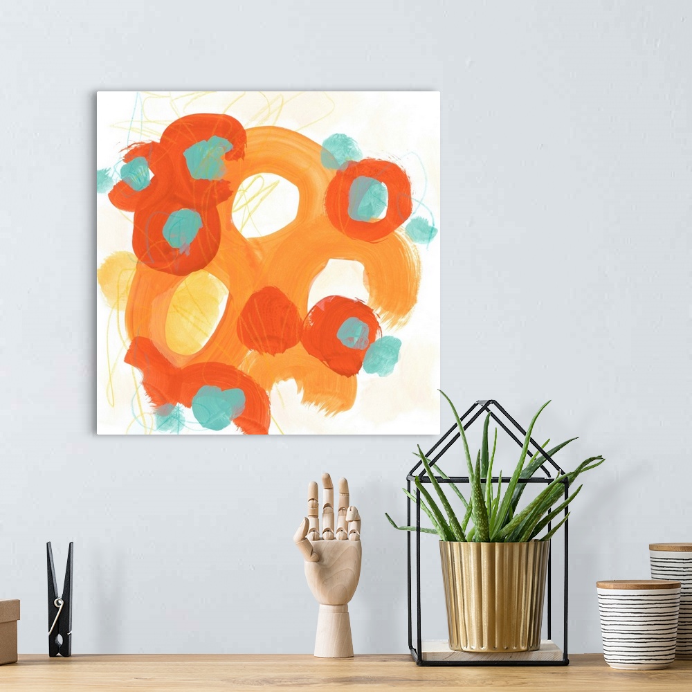 A bohemian room featuring Mid-century inspired abstract painting of broad orange strokes against a neutral background.