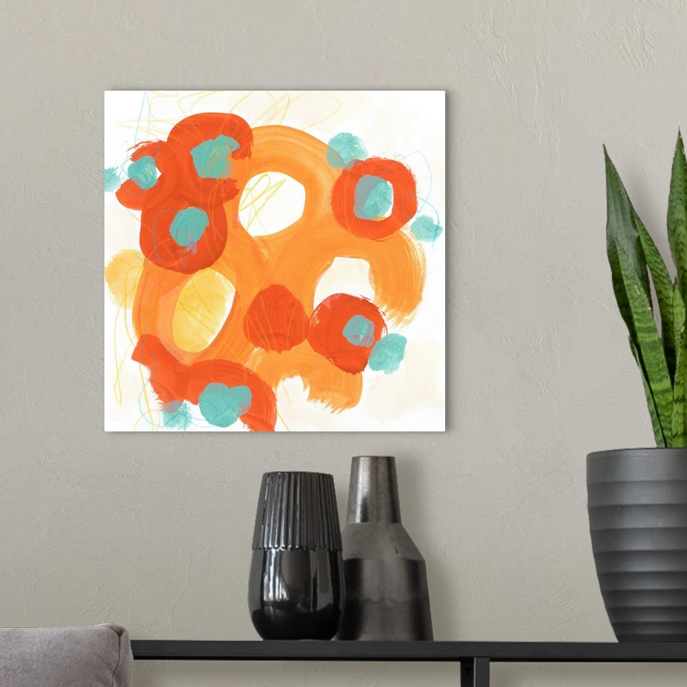 A modern room featuring Mid-century inspired abstract painting of broad orange strokes against a neutral background.