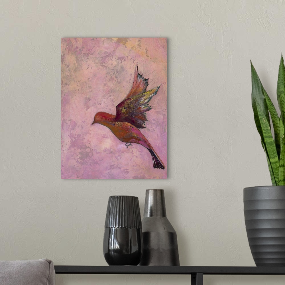 A modern room featuring Colorful contemporary painting of a bird in flight against a pink background.