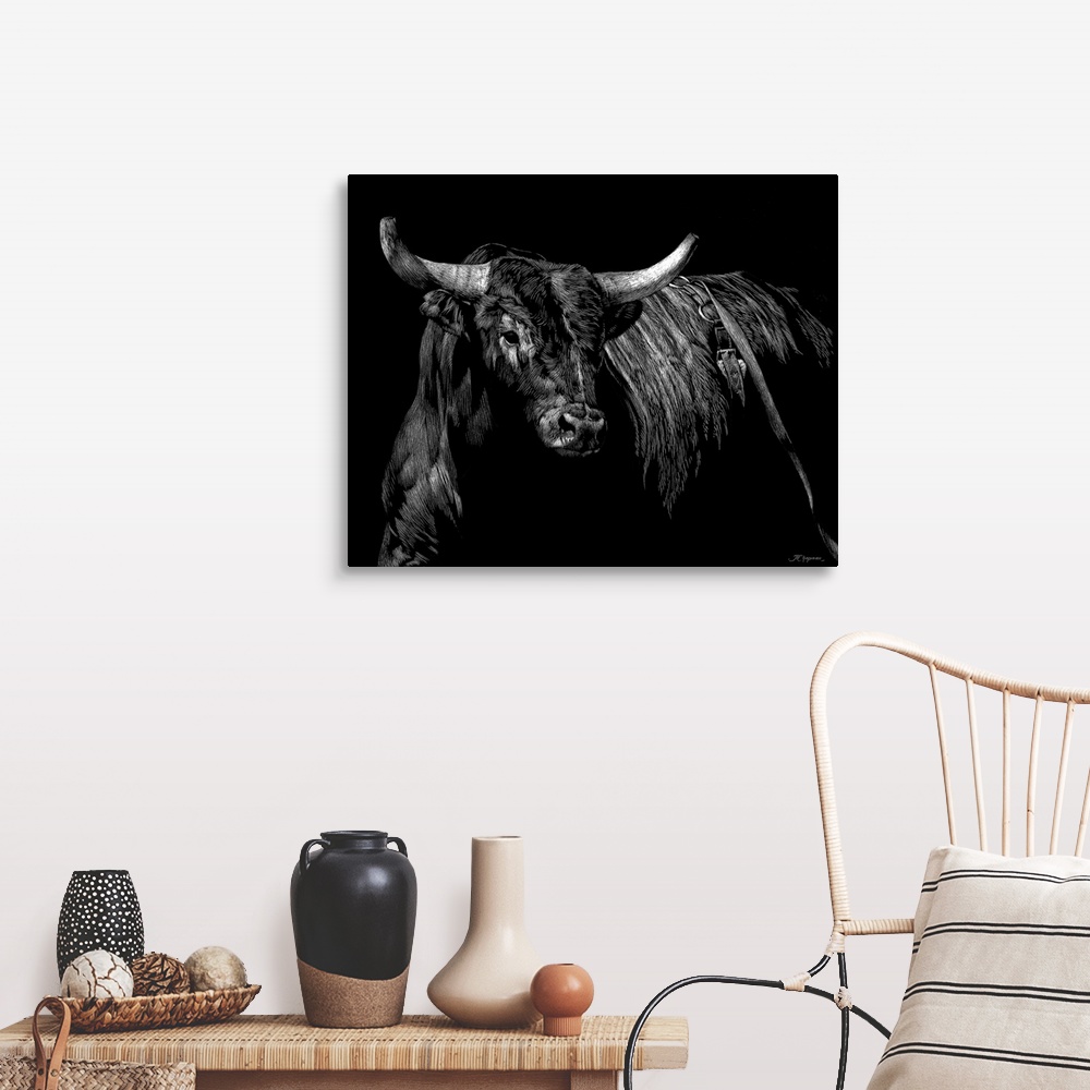 A farmhouse room featuring Horizontal artwork on a big wall hanging of a sketched brindle rodeo bull, looking forward, on a ...