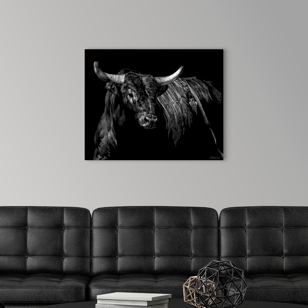 A modern room featuring Horizontal artwork on a big wall hanging of a sketched brindle rodeo bull, looking forward, on a ...