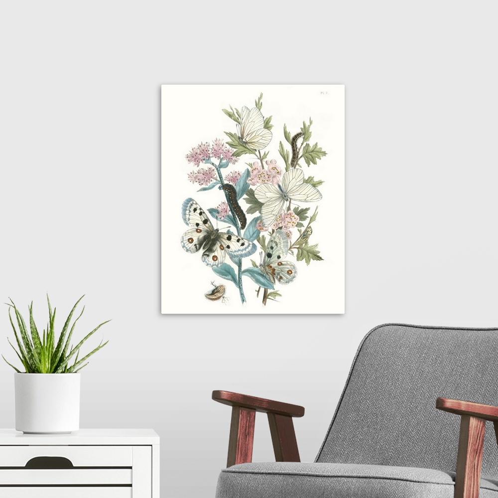 A modern room featuring This contemporary illustration created in a vintage style features fluttering butterflies and cat...