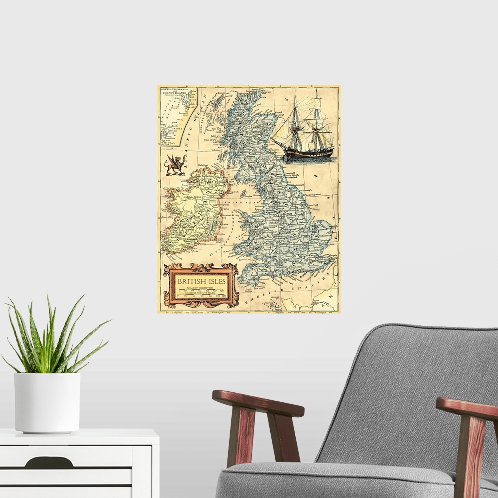 A modern room featuring British Isles Map