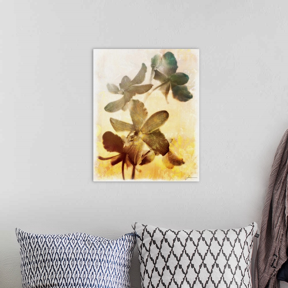 A bohemian room featuring Contemporary artwork of dark washed out looking flowers against a pale floral patterned background.