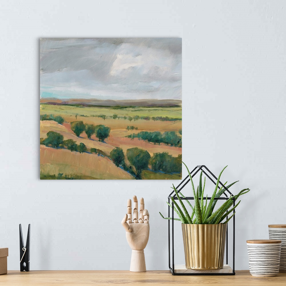 A bohemian room featuring Contemporary landscape painting of hills dotted with trees under a cloudy sky.