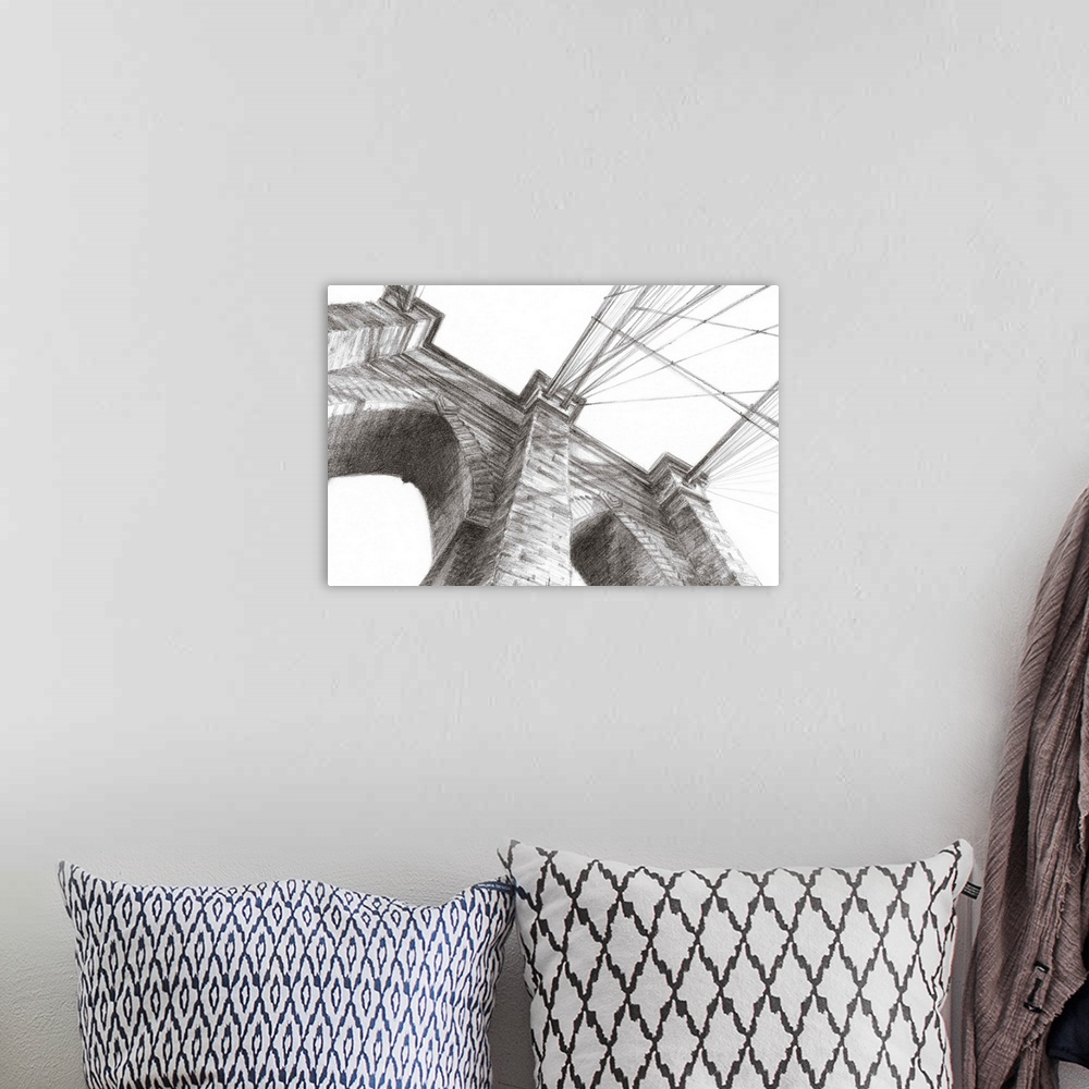 A bohemian room featuring Pencil drawing of a tower of the Brooklyn Bridge, seen from below.