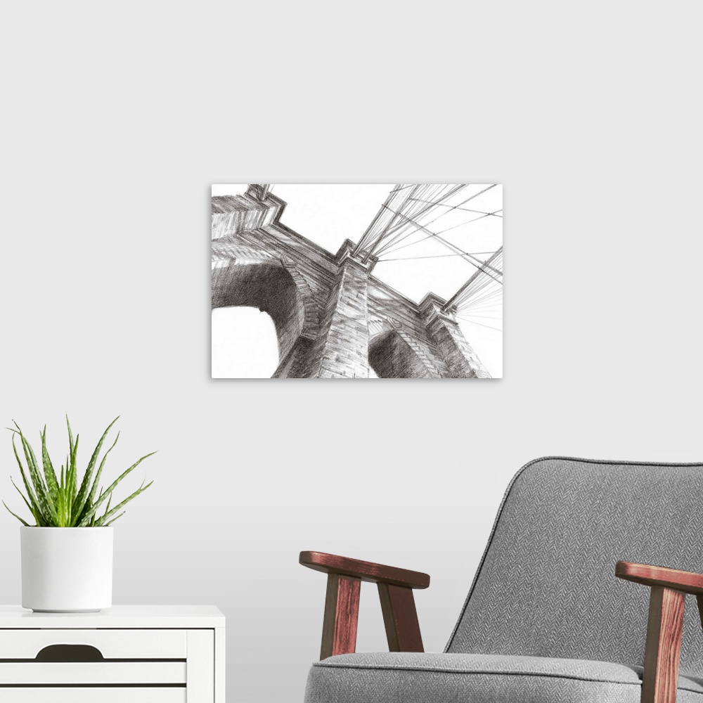 A modern room featuring Pencil drawing of a tower of the Brooklyn Bridge, seen from below.
