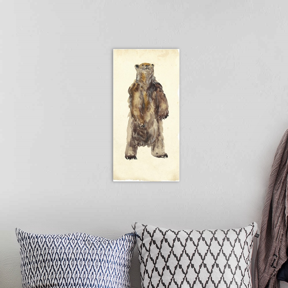 A bohemian room featuring Large panel painting of a grizzly bear standing up on two feet.