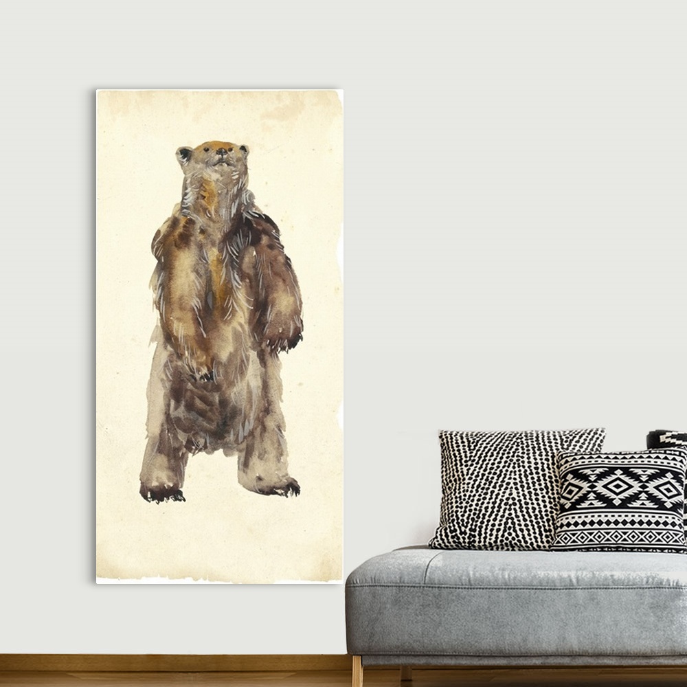 A bohemian room featuring Large panel painting of a grizzly bear standing up on two feet.