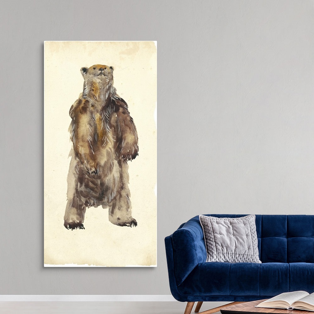 A modern room featuring Large panel painting of a grizzly bear standing up on two feet.