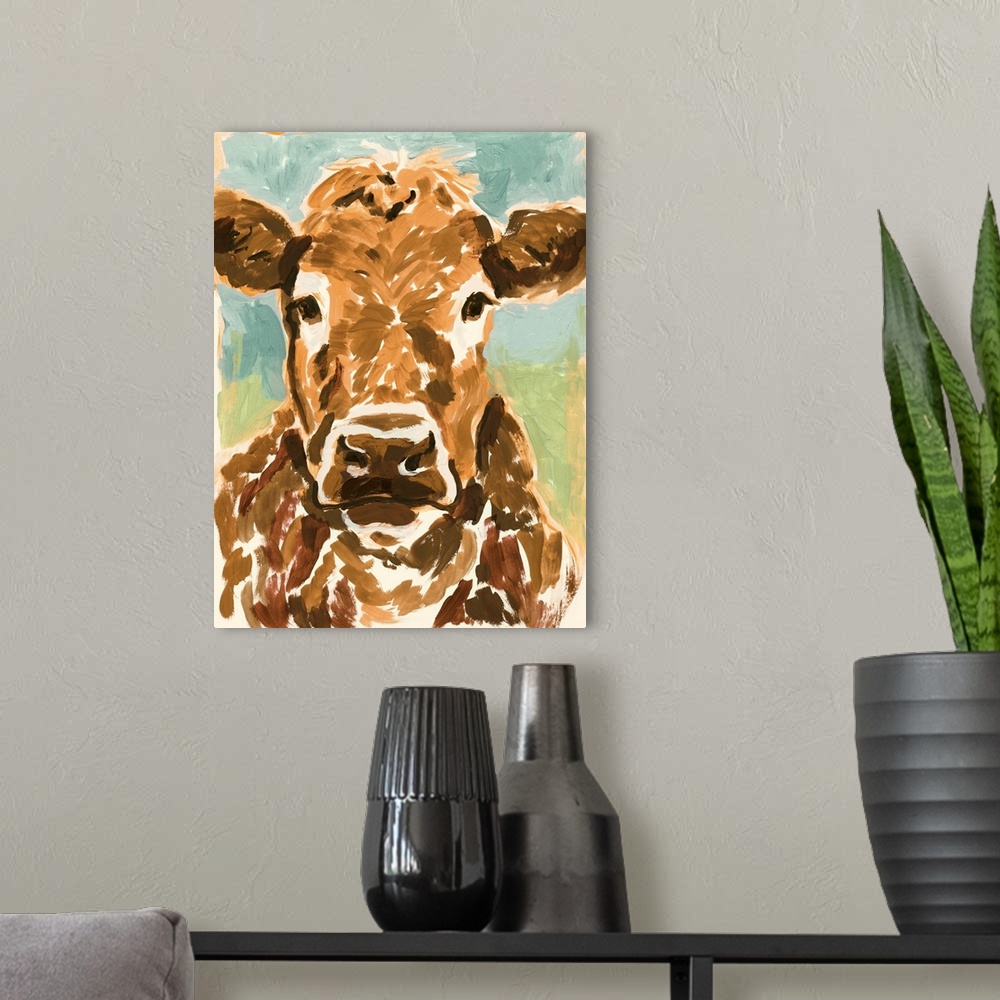 A modern room featuring Brown Cow Portrait I