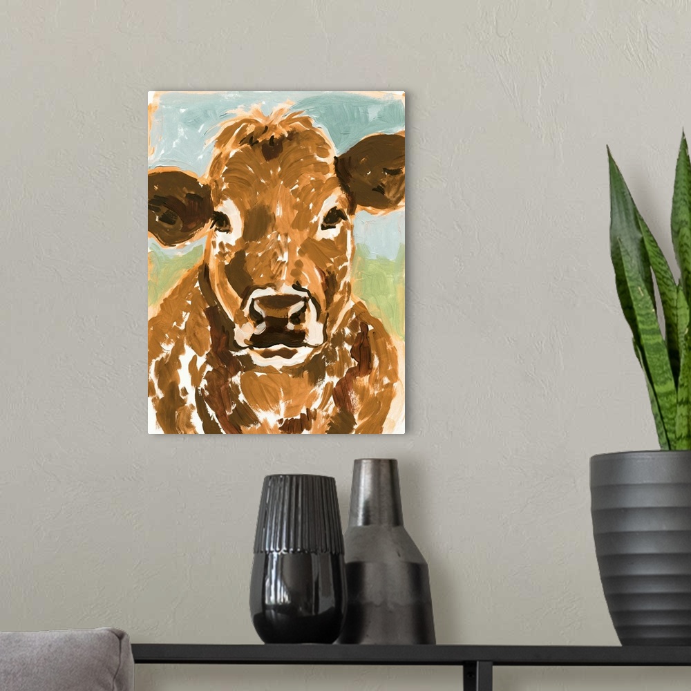 A modern room featuring Brown Cow Portrait II