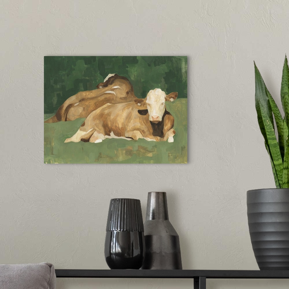 A modern room featuring Contemporary portrait of two cows lying down on a green landscape.