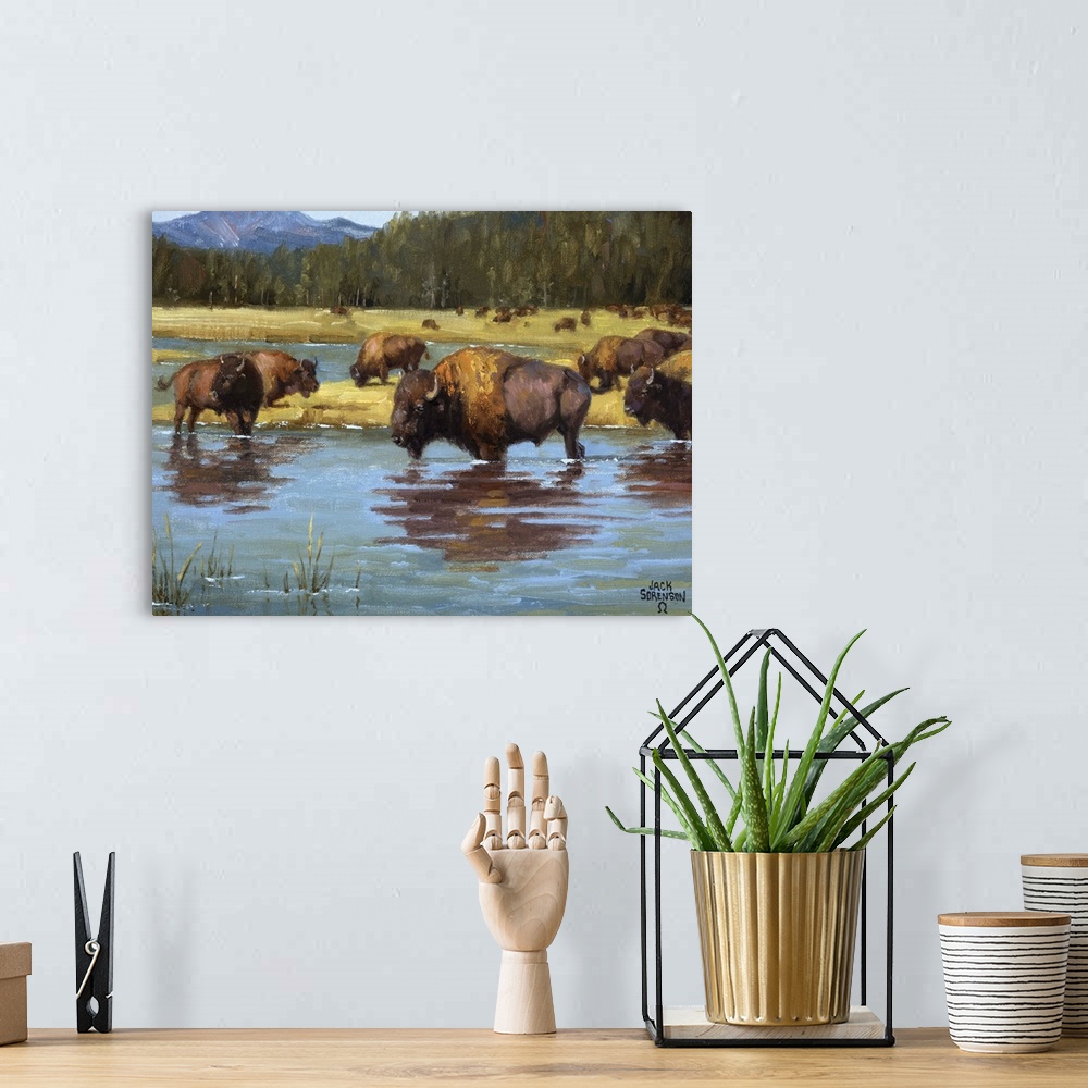 A bohemian room featuring Contemporary Western artwork of a herd of buffalo calmly resting in a river.