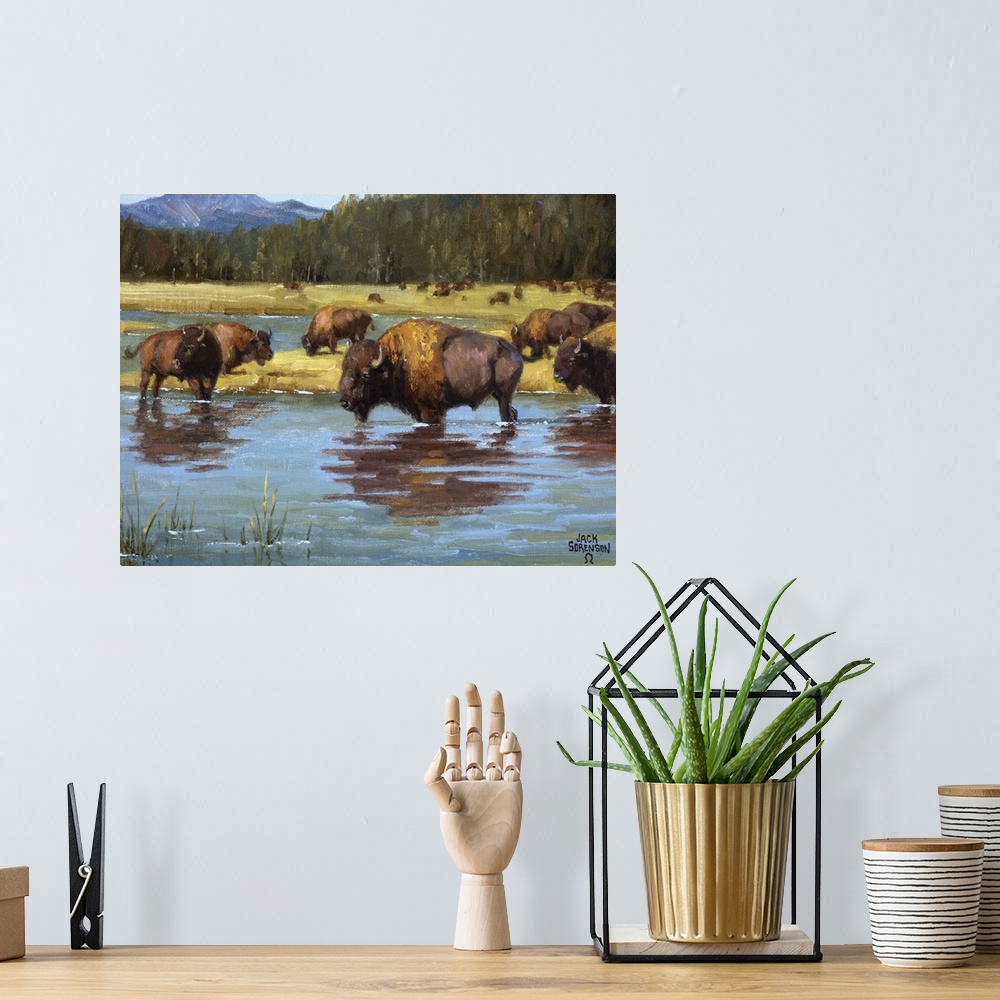 A bohemian room featuring Contemporary Western artwork of a herd of buffalo calmly resting in a river.