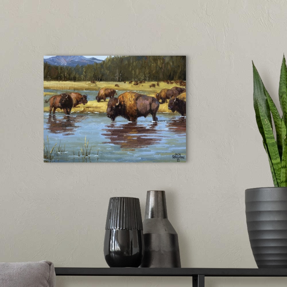 A modern room featuring Contemporary Western artwork of a herd of buffalo calmly resting in a river.