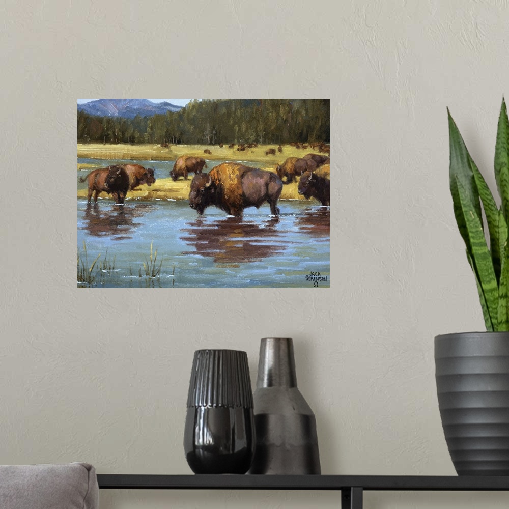 A modern room featuring Contemporary Western artwork of a herd of buffalo calmly resting in a river.
