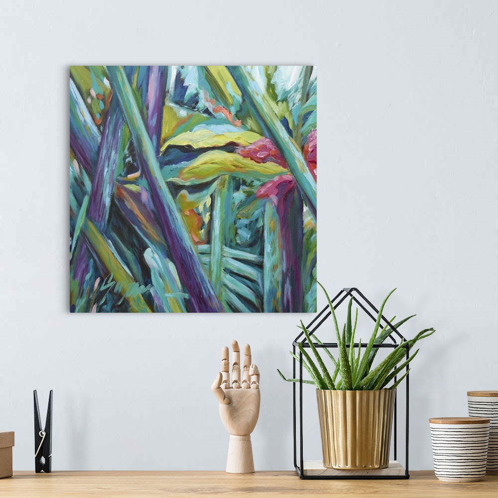 A bohemian room featuring Contemporary painting of colorful tropical plants.