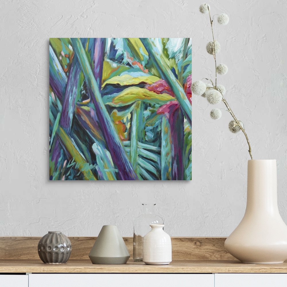 A farmhouse room featuring Contemporary painting of colorful tropical plants.