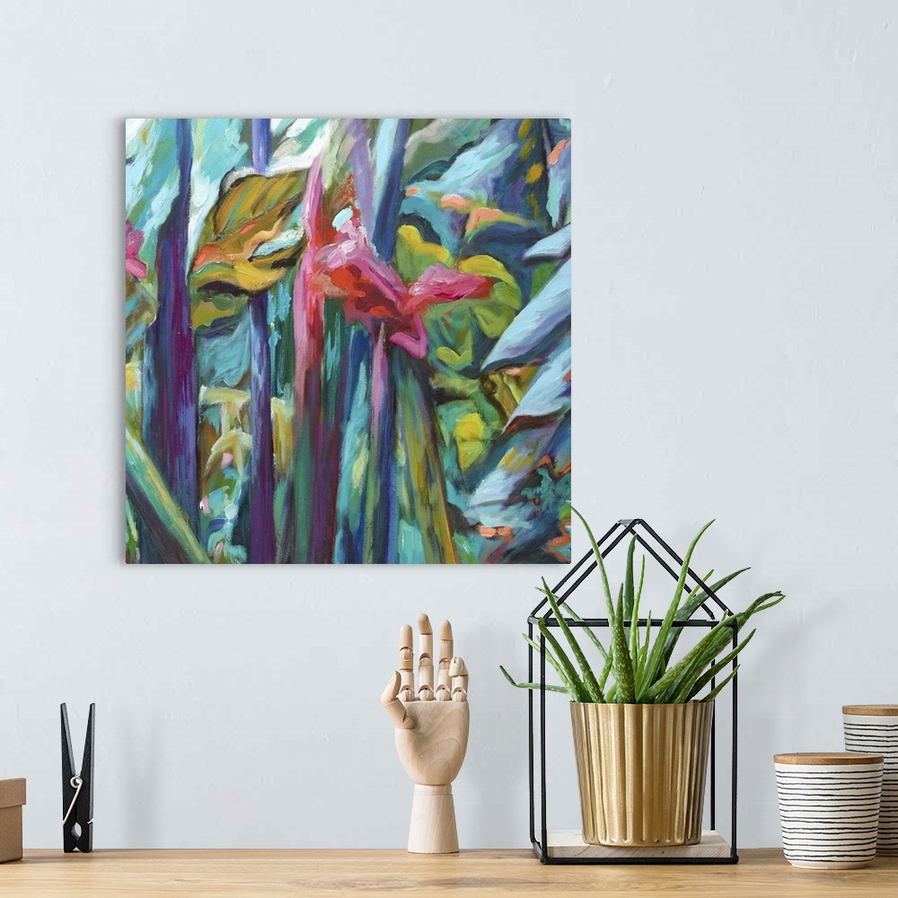 A bohemian room featuring Contemporary painting of colorful tropical plants.