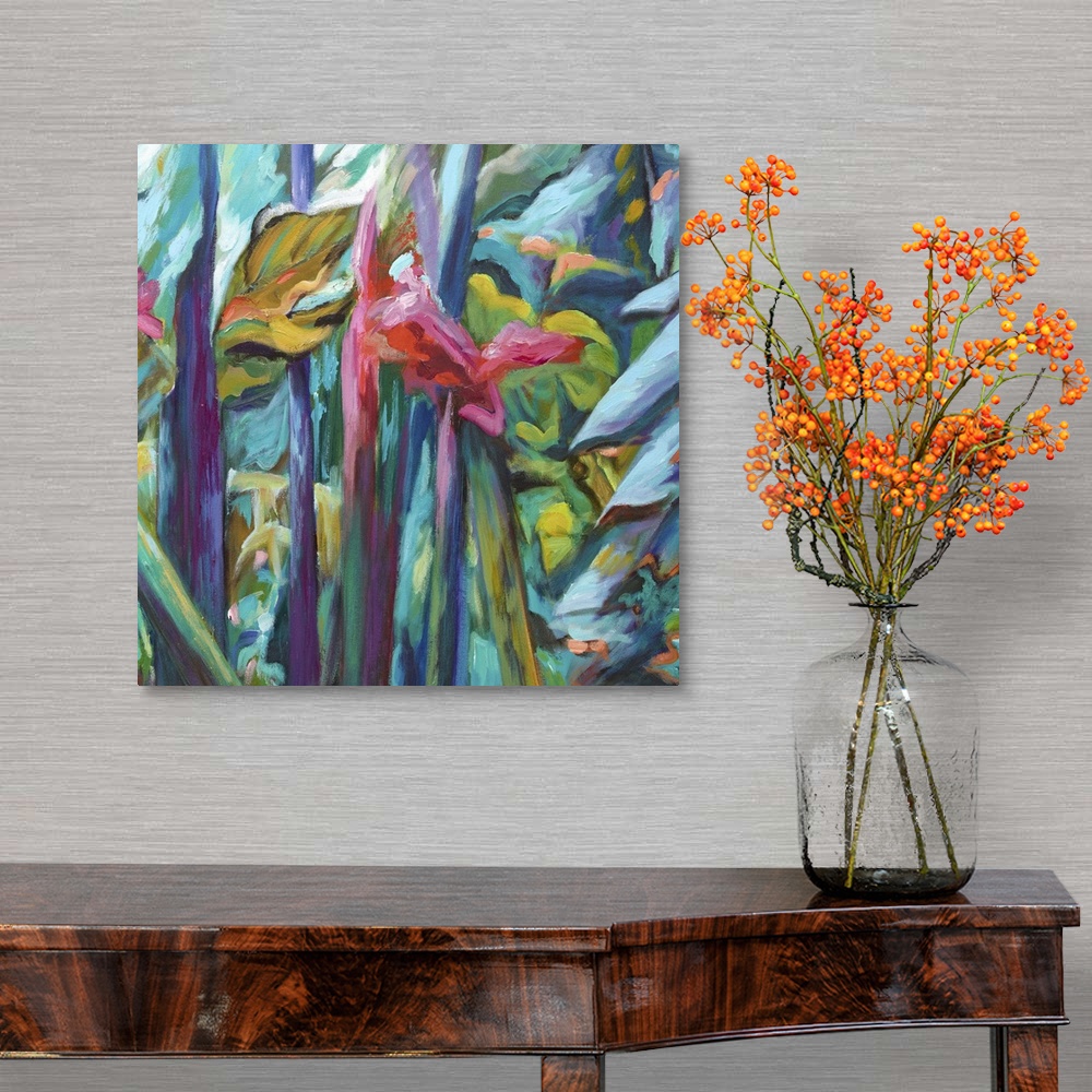 A traditional room featuring Contemporary painting of colorful tropical plants.