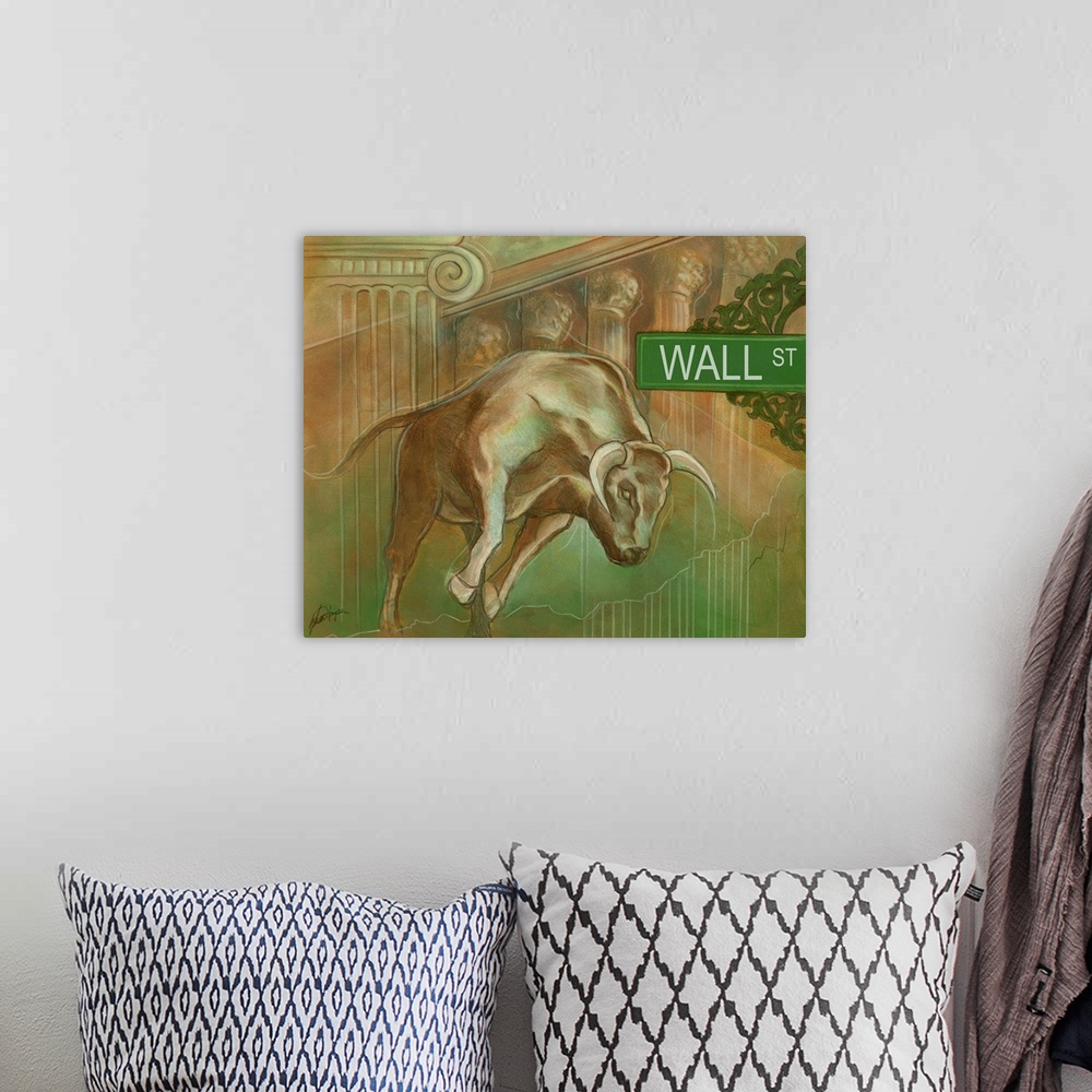A bohemian room featuring Big canvas painting of a bull running on top of financial district pillars and a Wall Street sign...